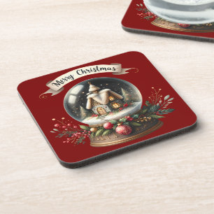 Cozy Christmas Snow Globe Cottage Scene Coaster