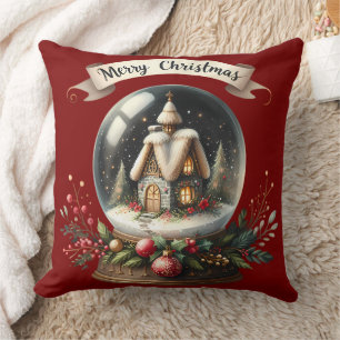 Cozy Christmas Snow Globe Cottage Scene Cushion