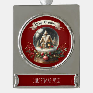Cozy Christmas Snow Globe Cottage Scene Silver Plated Banner Ornament