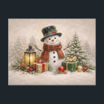 Cozy Christmas Snowman with Lantern and Gifts Holiday Postcard<br><div class="desc">This heartwarming winter illustration features a cheerful snowman bundled in a red plaid scarf and classic black top hat decorated with holly. Soft snow falls gently as the snowman stands among evergreen branches, pinecones, and festive ornaments. A glowing lantern casts warm candlelight beside beautifully wrapped holiday gifts, while a small...</div>