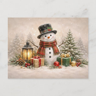 Cozy Christmas Snowman with Lantern and Gifts Holiday Postcard