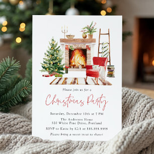 Cozy Christmas Tree and Fireplace Christmas Party Invitation