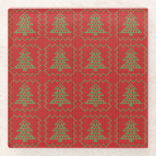 Cozy Christmas tree ugly sweater checkered pattern Glass Coaster