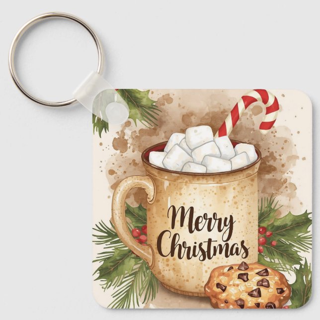 Cozy cocoa merry Christmas holly cute festive Key Ring (Front)