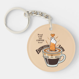 Cozy Coffee and Funny Cat Theme Rustic Custom Key Ring