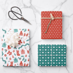 Cozy Coral Teal Mixed Christmas Patterns Wrapping Paper Sheet