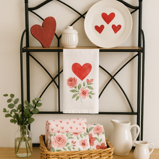 Cozy Cottage Heart and Roses  Tea Towel (Add romantic charm to your kitchen with Valentine’s Day towels featuring hearts, and roses)