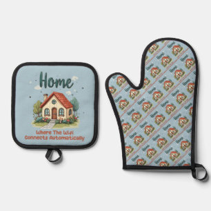 Cozy Cottagecore Home Whimsical House Art Oven Mitt & Pot Holder Set