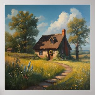 Cozy Country Cottage Oil Painting - Floral Meadow Poster