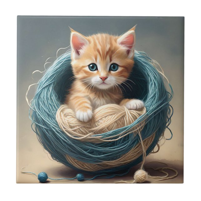"Cozy Cuddles: The Kitten's Wooly Retreat" Tile (Front)