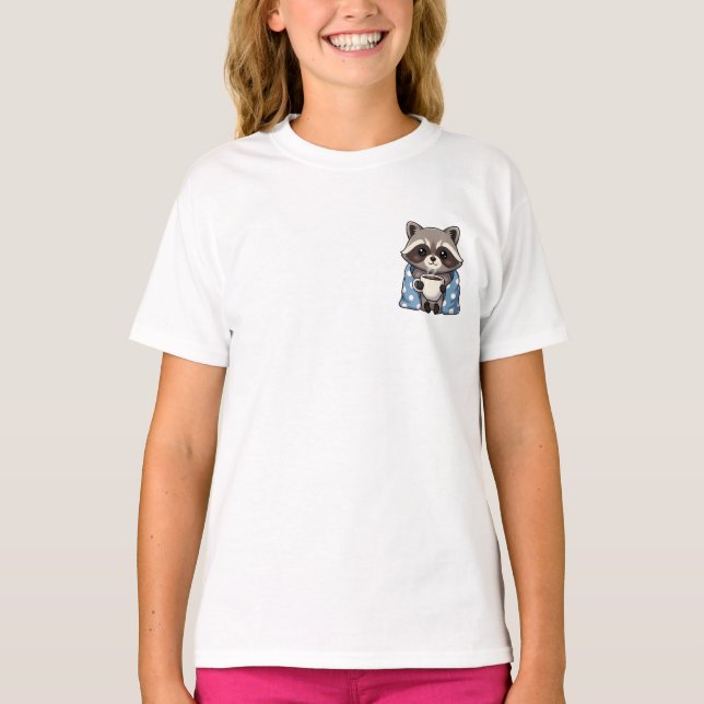 Cozy Cute Raccoon Wrapped in Polka Dot Blanket T-Shirt (Front)