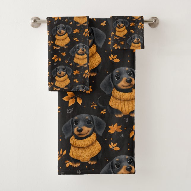 Cozy Dachshund Autumn Pattern - Dog Lovers Design Bath Towel Set (Insitu)