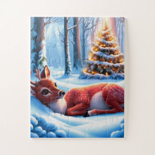 Cozy deer nestled by Christmas tree in forest Jigsaw Puzzle