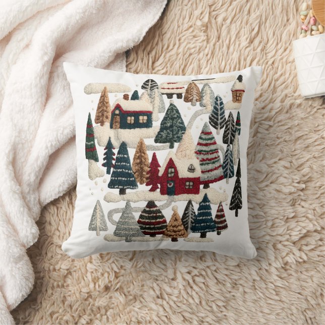 Cozy Embroidered Winter Village Pillow (Blanket)