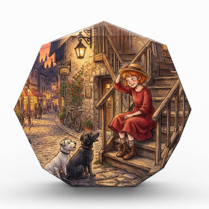 Cozy Evening Girl and Dogs   Vintage Street Photo Block