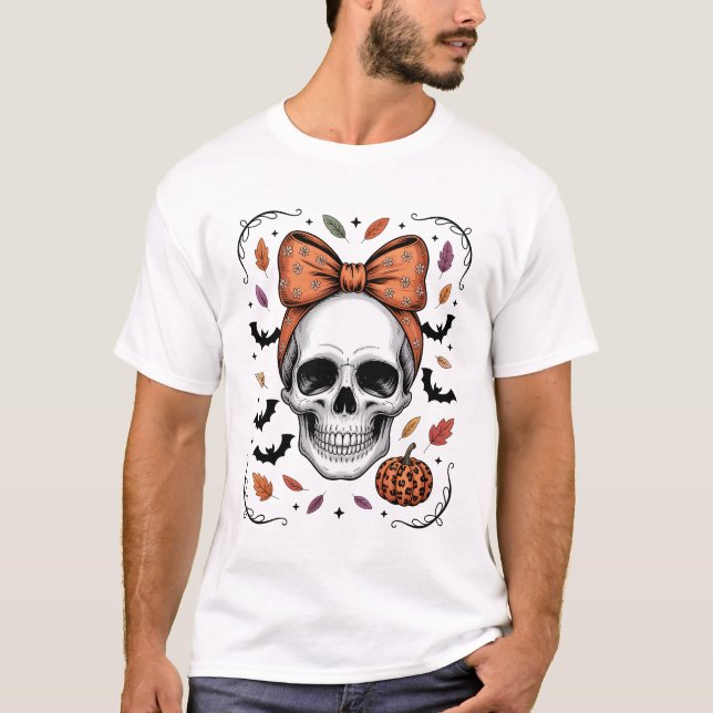 Cozy Fall Skull Coquette Bow, Autumn T-Shirt (Front)
