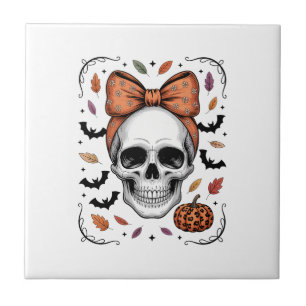 Cozy Fall Skull Coquette Bow, Autumn Tile