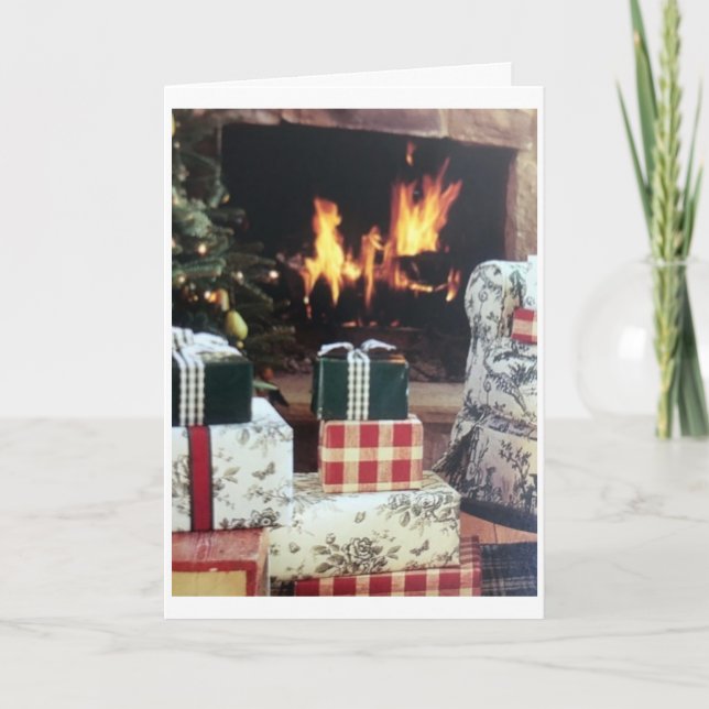 **COZY FIRE** WITH GIFTS WRAPPED "MERRY CHRISTMAS" CARD (Front)