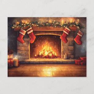 Cozy Fireplace with Hanging Stockings Holiday Postcard