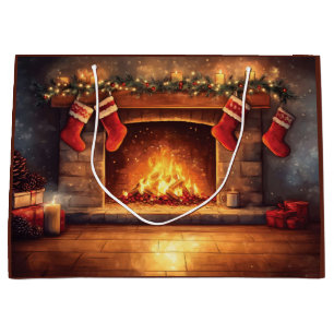 Cozy Fireplace with Hanging Stockings Large Gift Bag