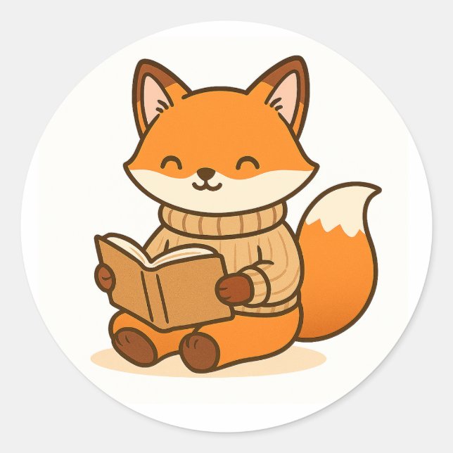 Cozy Fox Reading a Book (Glossy White Background)  Classic Round Sticker (Front)