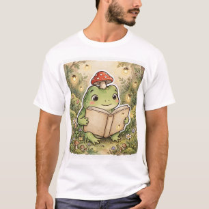 Cozy Frog Reading a Book — Cottagecore Mushroom Ha T-Shirt