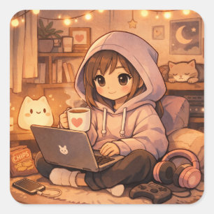 Cozy Gamer Introvert Aesthetic Hoodie Girl Gaming  Square Sticker