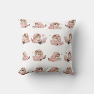 Cozy Gaming Cat Pattern - Aesthetic Pink Hoodie Ki Cushion
