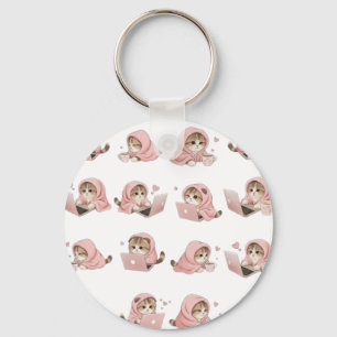 Cozy Gaming Cat Pattern - Aesthetic Pink Hoodie Ki Key Ring