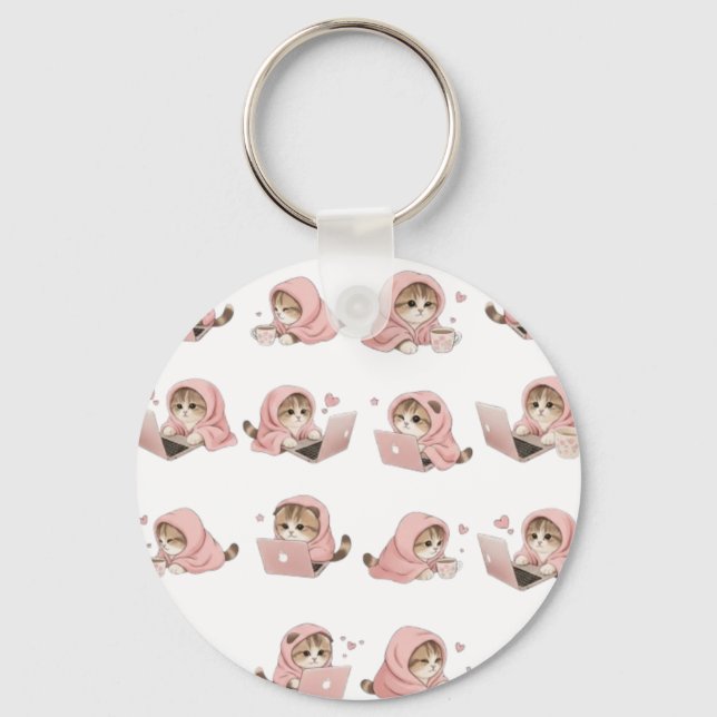 Cozy Gaming Cat Pattern - Aesthetic Pink Hoodie Ki Key Ring (Front)