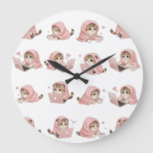 Cozy Gaming Cat Pattern - Aesthetic Pink Hoodie Ki Large Clock