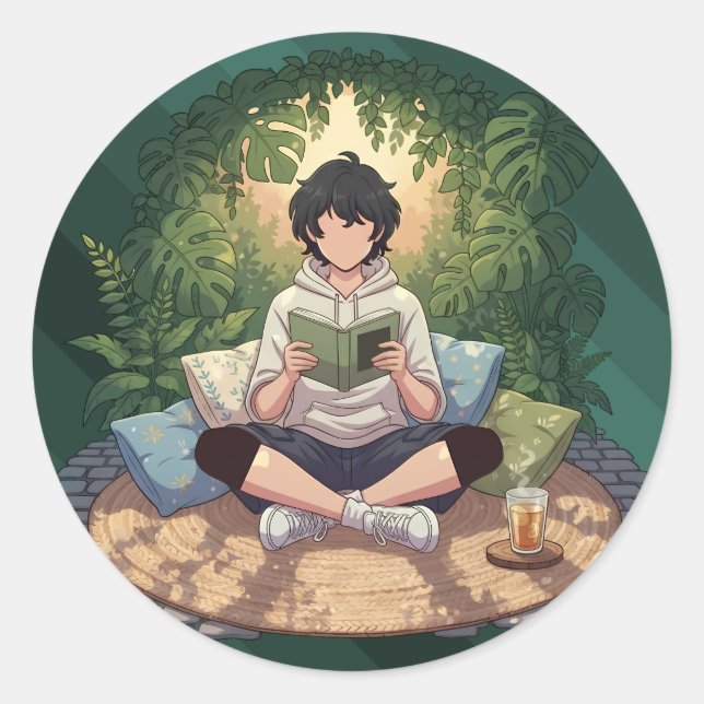 Cozy Garden Reading Art Piece Classic Round Sticker (Front)