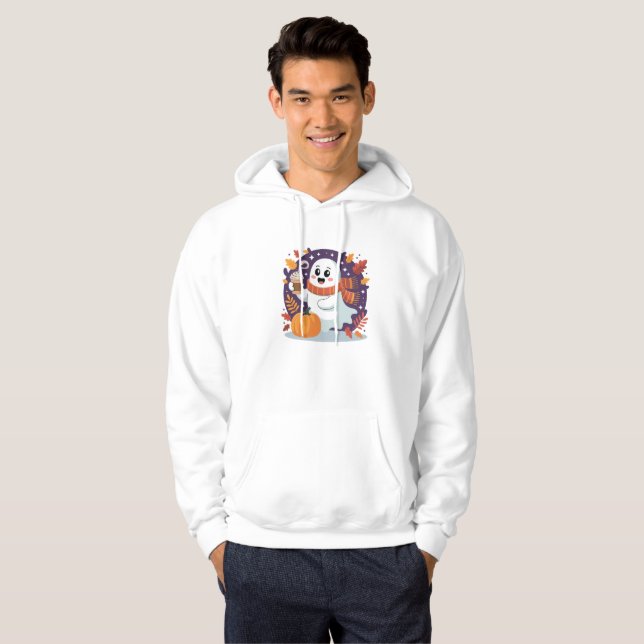 Cozy Ghost with Pumpkin Latte – Fall Halloween Hoodie (Front Full)