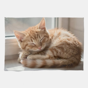Cozy Ginger Cat Sunbathing Nap Tea Towel
