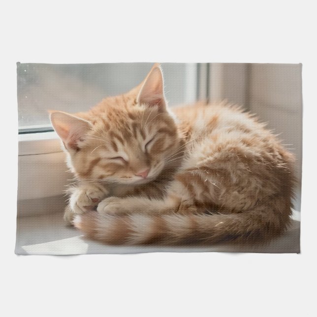 Cozy Ginger Cat Sunbathing Nap Tea Towel (Horizontal)