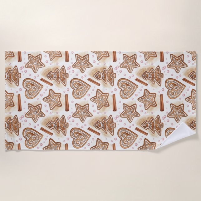 Cozy Gingerbread Cookie Seamless Pattern Beach Towel (Front)