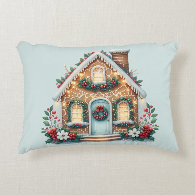Cozy Gingerbread House Holiday Illustration Decorative Cushion (Front)