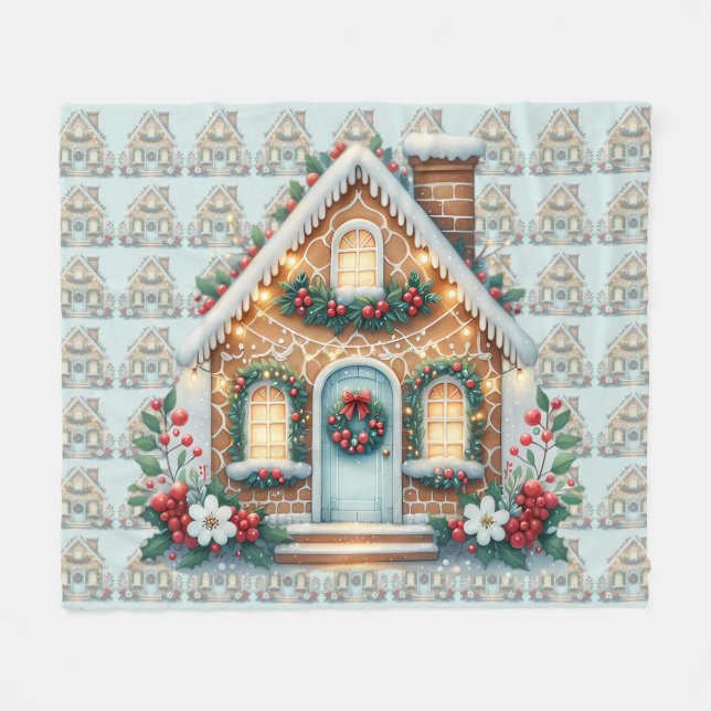 Cozy Gingerbread House Holiday Illustration Fleece Blanket (Front (Horizontal))
