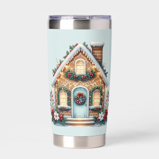 Cozy Gingerbread House Holiday Illustration Insulated Tumbler (Front)
