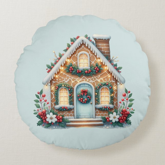 Cozy Gingerbread House Holiday Illustration Round Cushion (Front)