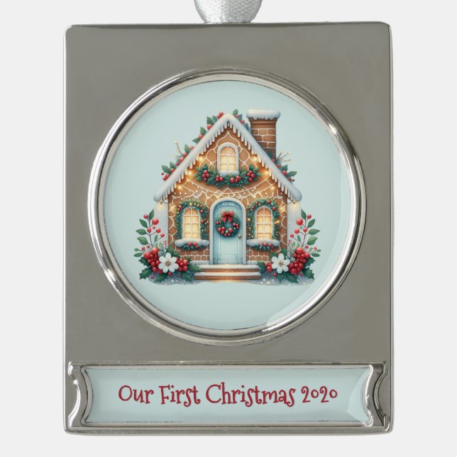 Cozy Gingerbread House Holiday Illustration Silver Plated Banner Ornament (Front)