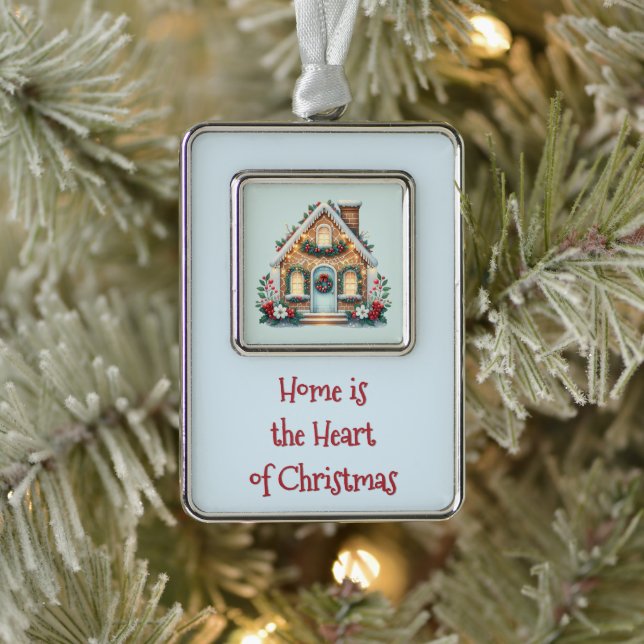 Cozy Gingerbread House Holiday Illustration Silver Plated Framed Ornament (Tree)