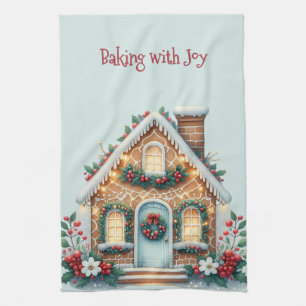 Cozy Gingerbread House Holiday Illustration Tea Towel