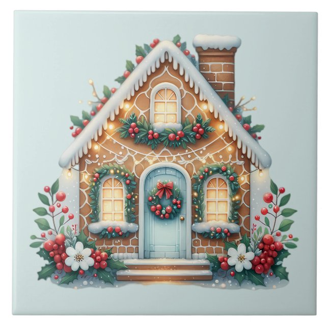 Cozy Gingerbread House Holiday Illustration Tile (Front)