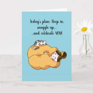 Cozy Girl and Cat Birthday Card