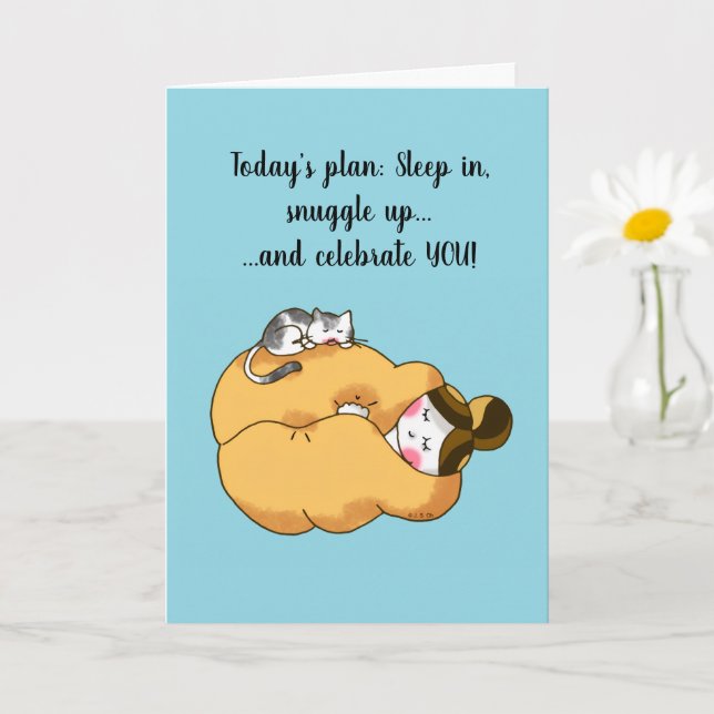 Cozy Girl and Cat Birthday Card (Small Plant)