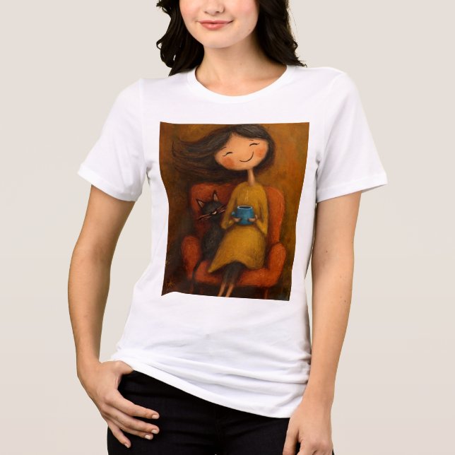 Cozy Girl with Black Cat and Coffee- Whimsical tee (Front)