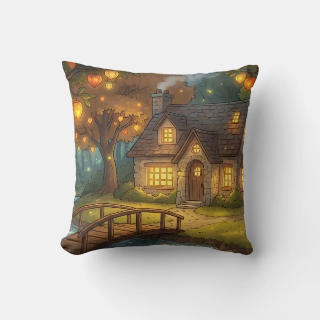 Cozy Glowing Cottage Forest Throw Pillow (Front)