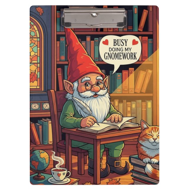 Cozy gnome doing his gnomework clipboard (Front)