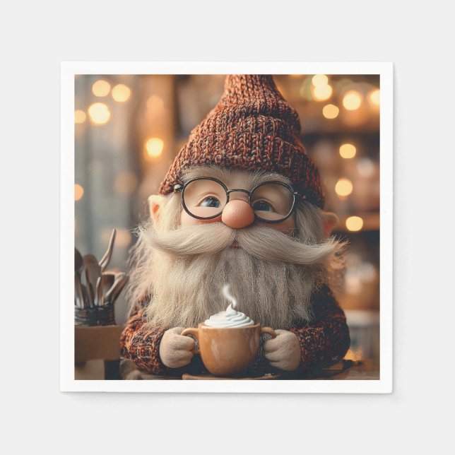 Cozy Gnome Enjoying a Cup of Hot Cocoa Napkin (Front)
